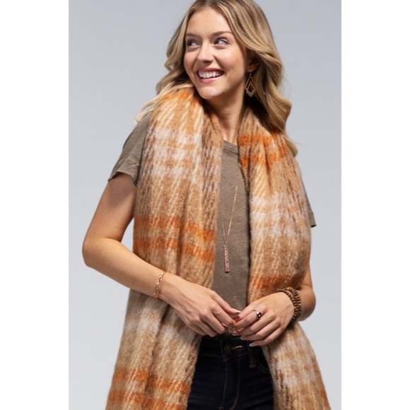 Toffee Plaid Soft Plush Oblong Scarf w/ Tassel Fringe Women's Casual - Picture 6 of 7